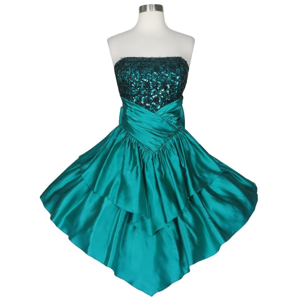 Vintage 80s Zum Zum Teal Sequin Strapless Prom Dress S Blue Green Tiered Skirt
